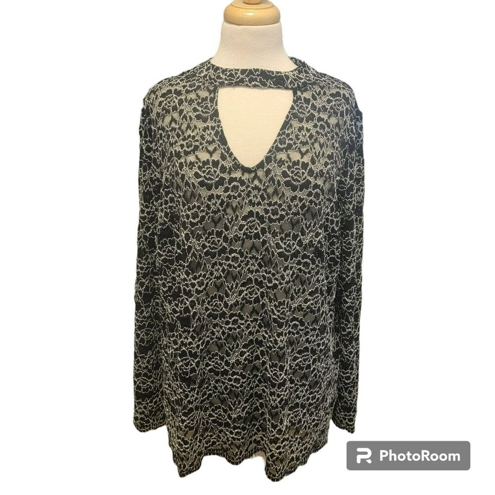 Roz & Ali Tunic Top, Women XL, Black & Silver, Lace / Sheer, Scallop Edge, EUC